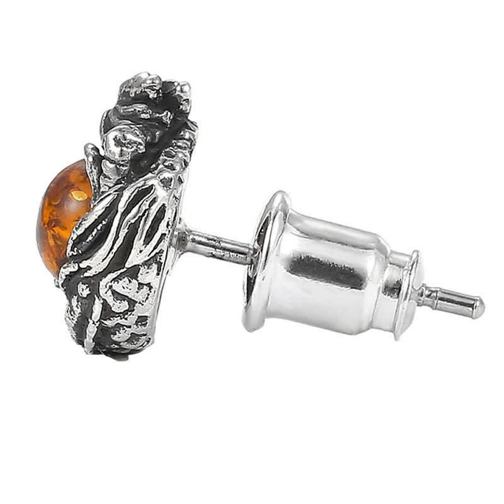 Orecchino a perno Buddha Stones 925 Sterling Silver Ambra naturale Drago Protezione Successo