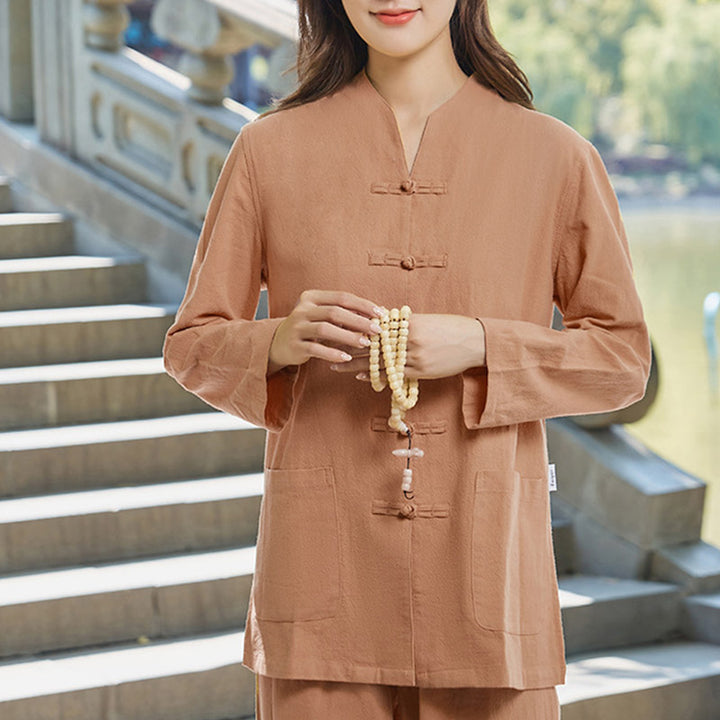 Buddha Stones Spirituale Zen Pratica Yoga Meditazione Preghiera Uniforme Cotone Lino Abbigliamento Donna Set - SandyBrown - US18, UK/AU22, EU50 (6XL) - image 11