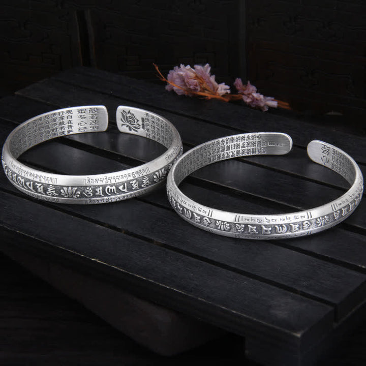 Buddha Stones 999 Sterling Silver Om Mani Padme Hum Cuore Sutra Lotus Peace Bracciale Bangle