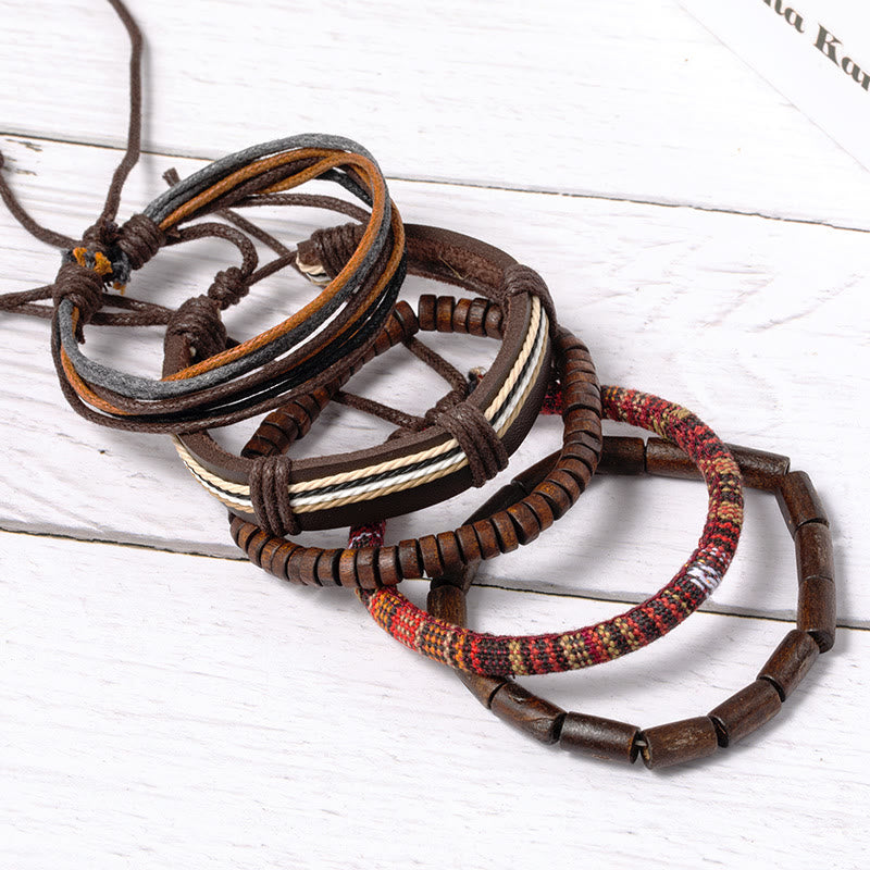 Bracciale in pelle con perline di legno e corde di canapa avvolte in Buddha Stones