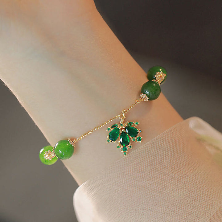 Bracciale Buddha Stones placcato oro 14k calcedonio verde foglia d'acero coraggio forza