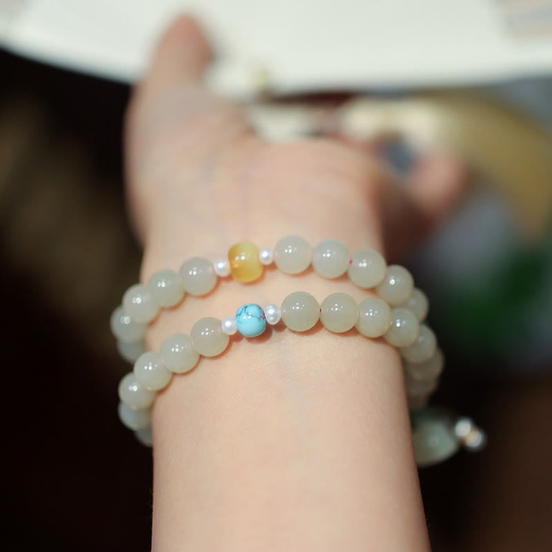 Braccialetto a doppio giro con fibbia della pace in giada Hetian in argento sterling 925 Buddha Stones Lotus Luck