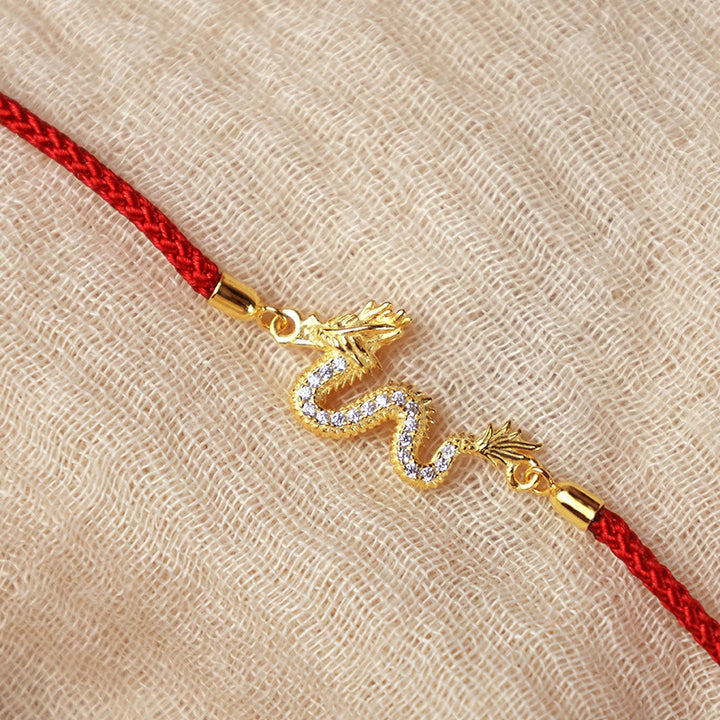 Buddha Stones con catena in corda rossa con drago dorato di buon auspicio, in argento sterling 925, anno del drago