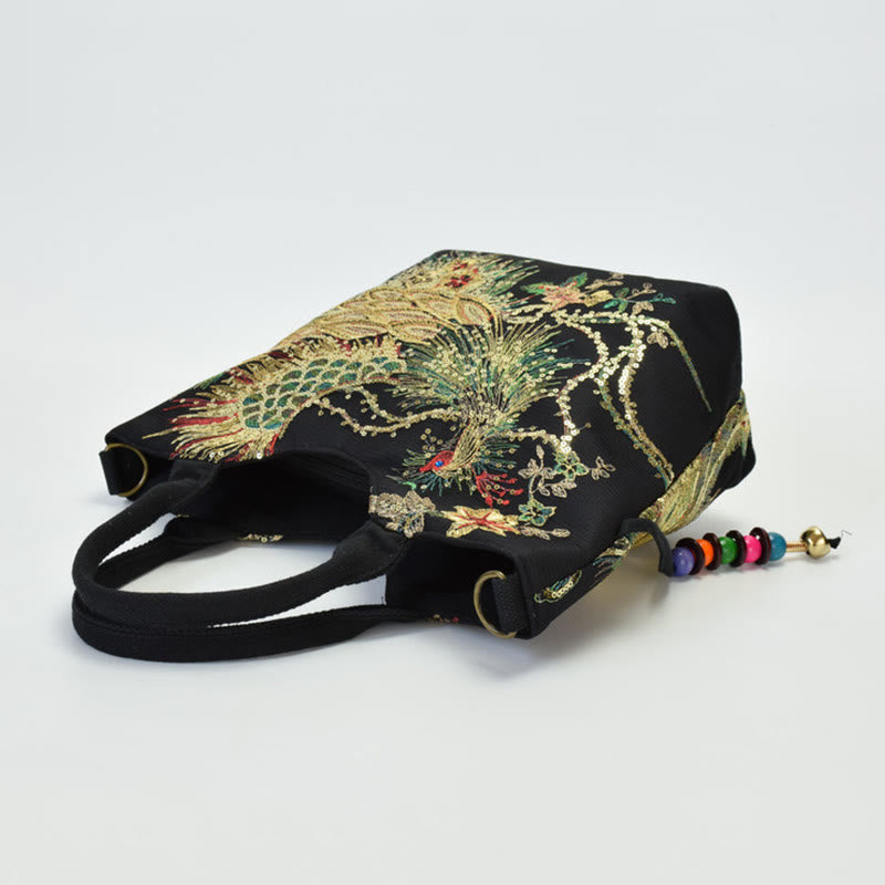 Borsa a tracolla con ricamo a doppia faccia con Buddha Stones e pavone