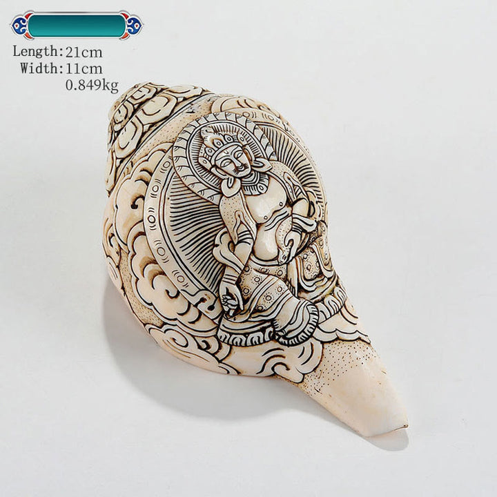 Decorazione di ricchezza di conchiglia di conchiglia di Avalokitesvara Buddha tibetano inciso a mano Shankha - Dio giallo della ricchezza 21*11cm - image 24