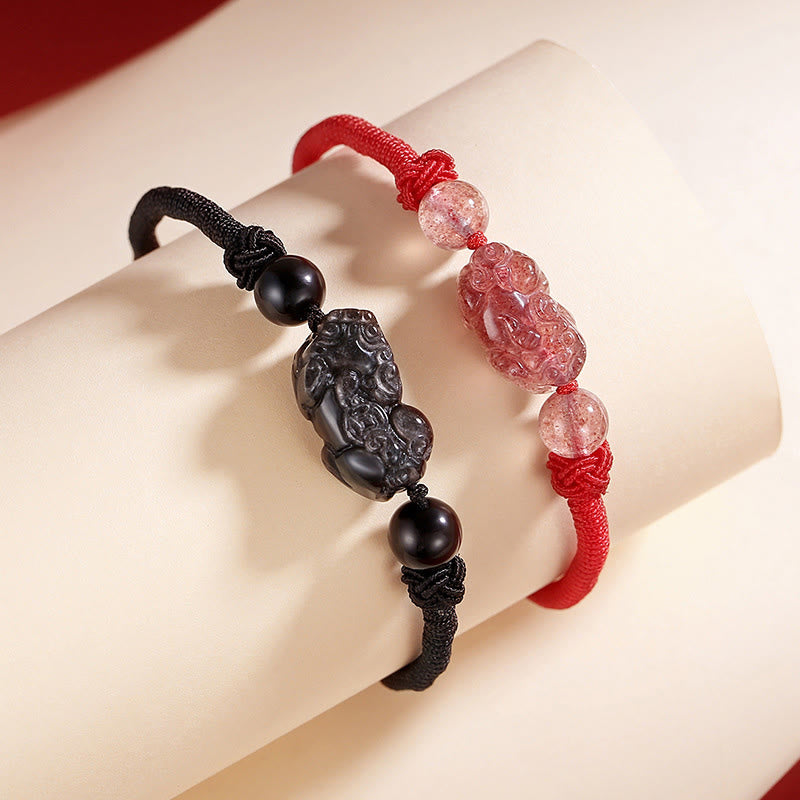 Braccialetto intrecciato di protezione PiXiu in quarzo fragola con ossidiana lucida in argento naturale fatto a mano Buddha Stones