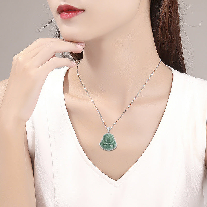 Collana con ciondolo a Buddha Stones in argento sterling 925 con Buddha che ride e giada, abbondanza - image 3
