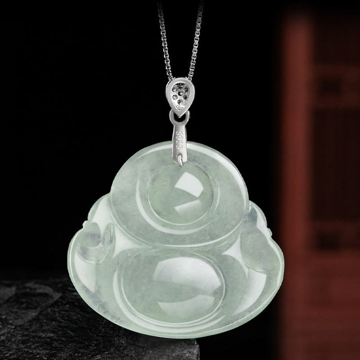 Collana con ciondolo a Buddha Stones in argento sterling 925, giada naturale, Buddha che ride, prosperità e abbondanza
