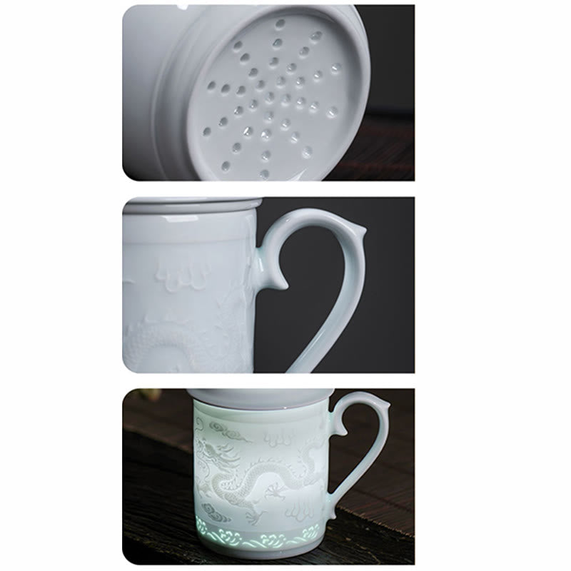 Buddha Stones Jingdezhen Linglong Porcellana Drago di Buon Auspicio Barca Fenice Navigazione Liscia Tazza da Tè in Ceramica Tazze da Tè da Ufficio 420ml