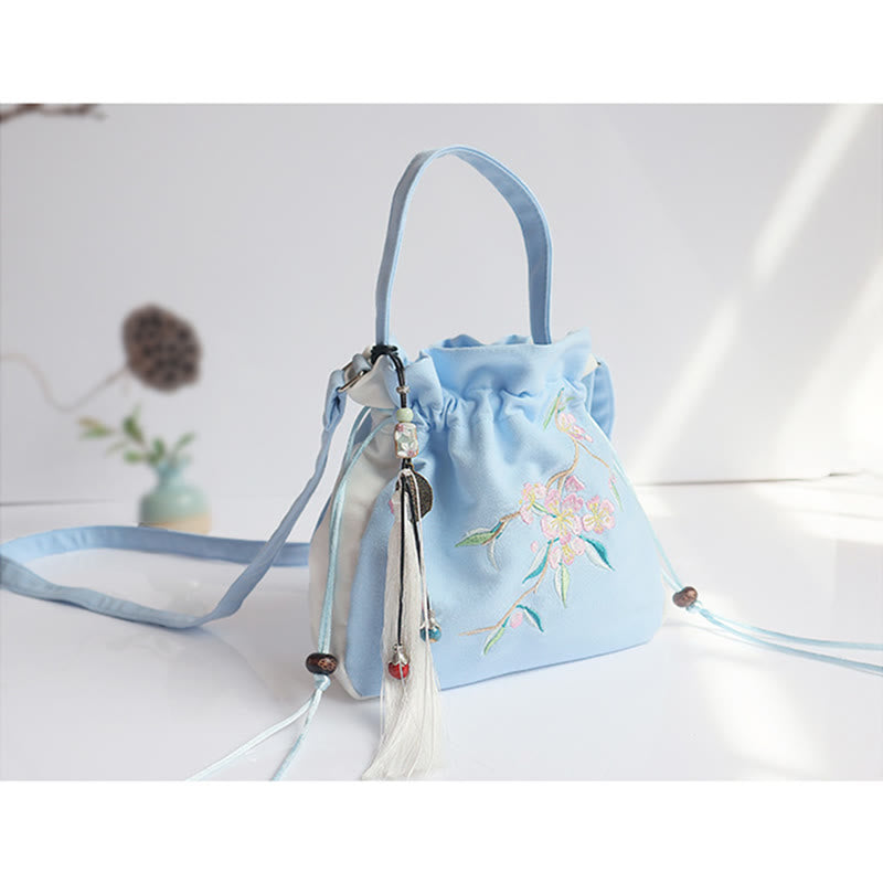 Borsa a tracolla in tela con fiori ricamati a mano con Buddha Stones