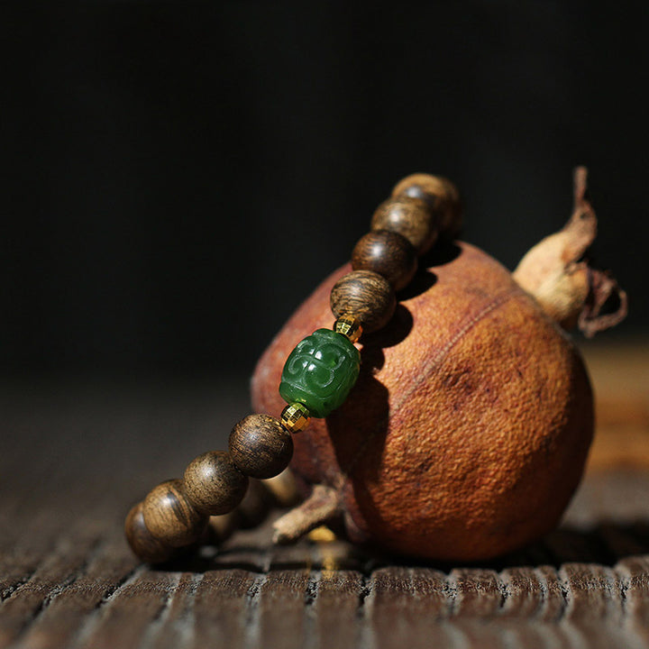 Bracciale Buddha Stones 999 Oro Brunei Agarwood Giada Ciano Fiore di Loto Pace Forza