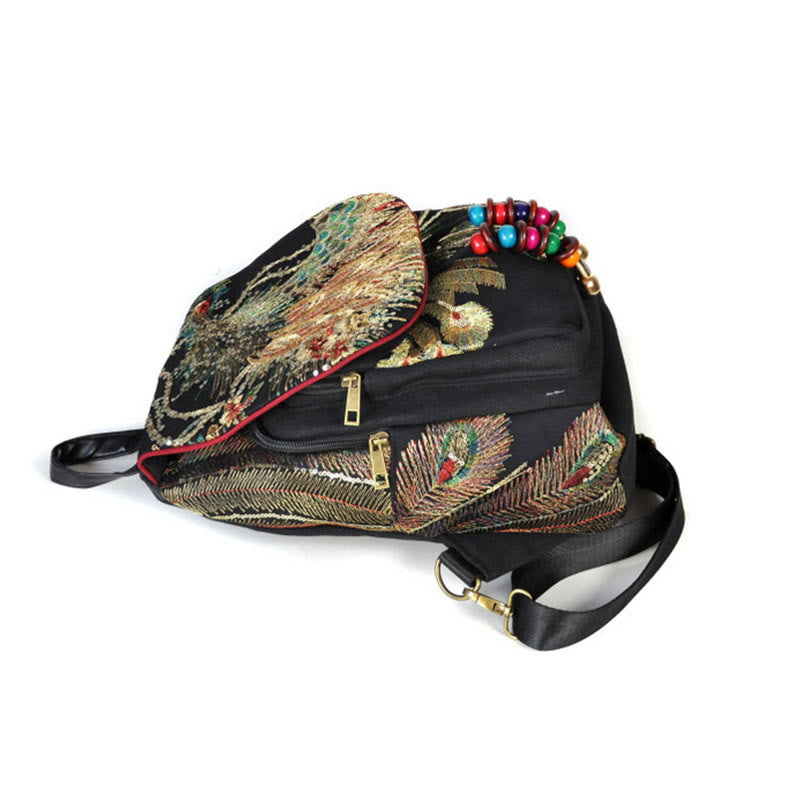 Zaino in tela con nappa e ricamo di pavone Buddha Stones