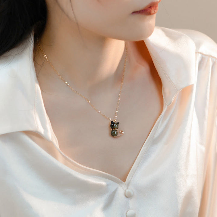 Buddha Stones 14K placcato oro perla Hetian giada conchiglia fortuna gatto gattino collana pendente - image 9