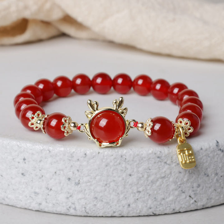 Buddha Stones Anno del Drago Agata Rossa Giada Fibbia della Pace Fu Carattere Braccialetto del Successo