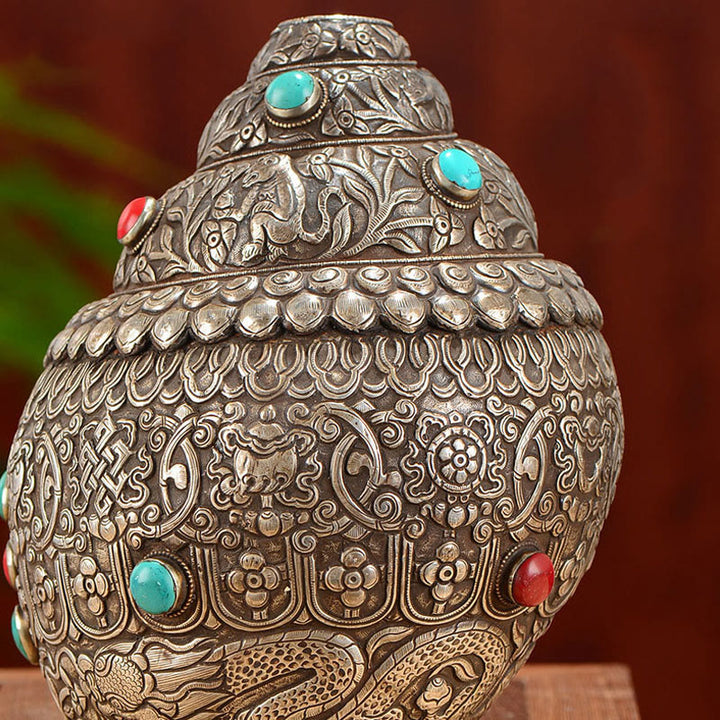 Tibetano fatto a mano naturale Shankha inciso otto simboli di buon auspicio conchiglia fortunata decorazione per la casa - image 6