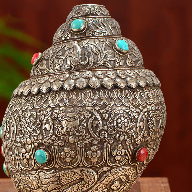 Tibetano fatto a mano naturale Shankha inciso otto simboli di buon auspicio conchiglia fortunata decorazione per la casa