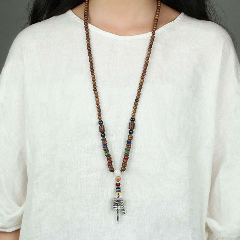 Buddha Stones Tibetano Om Mani Padme Hum Ruota della Preghiera Rotazione Vajra Collana Pendente in Legno - image 16