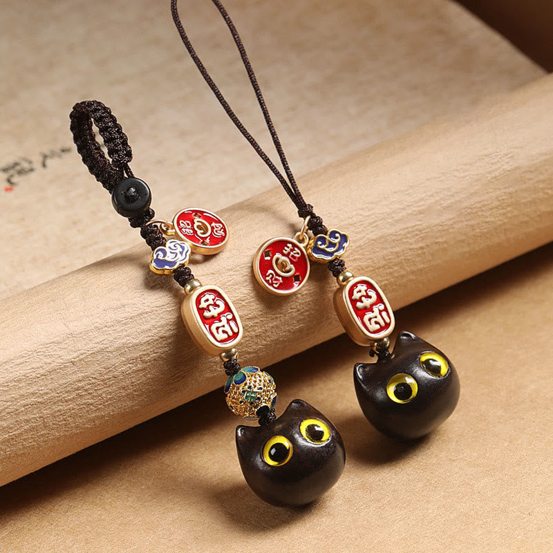 Buddha Stones Legno di ebano Gatto fortunato Nuvola di buon auspicio Pace Portachiavi Telefono Decorazione da appendere - image 1