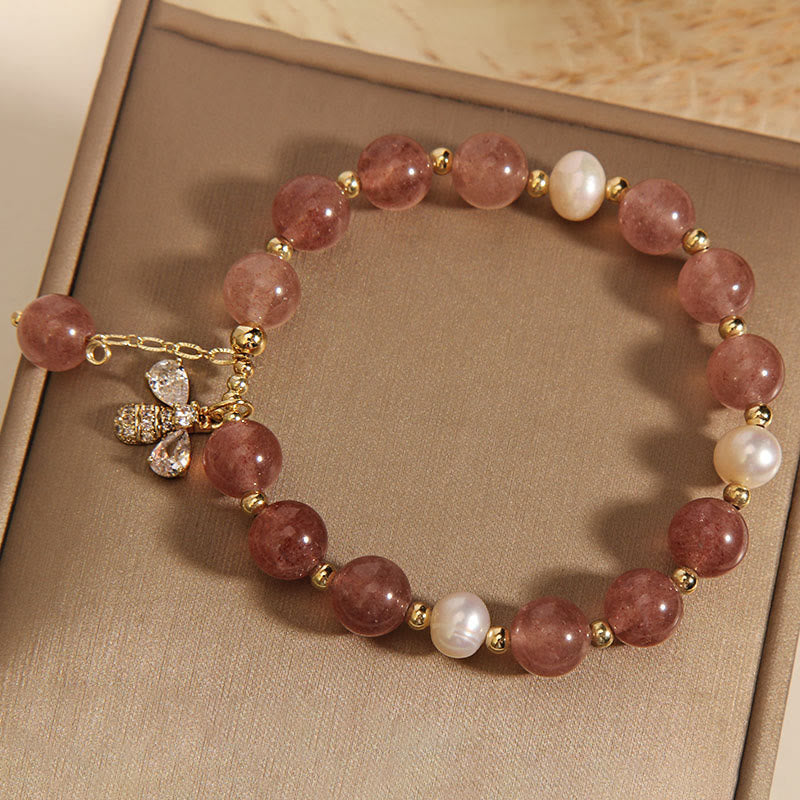 Braccialetto con ciondolo positivo ape con zircone carino e quarzo fragola perla Buddha Stones
