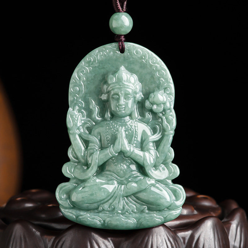 Collana con corda di benedizione dell'amuleto in giada naturale Avalokitesvara a quattro braccia - SIMBOLO AVALOKITESVARA (Ricchezza ♥ Successo) - image 1