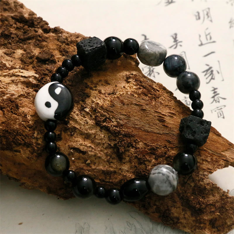 Braccialetto di protezione della fortuna Yin Yang con perline di diaspro Picasso in onice nero Buddha Stones - image 7