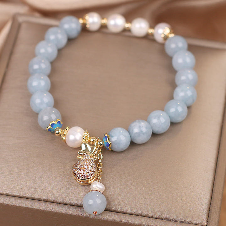 Braccialetto con ciondolo Buddha Stones Aquamarine Pearl Fortune Money Bag