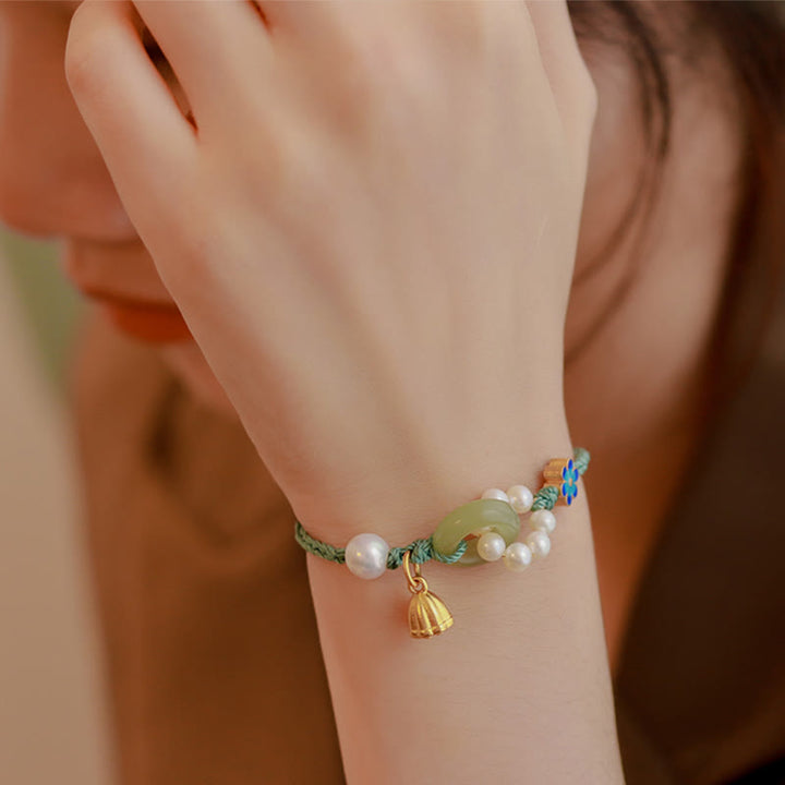 Bracciale intrecciato a mano con perle e giada naturale di Hetian, fibbia della pace, pietre Buddha Stones