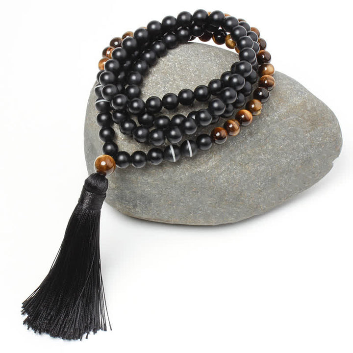 Buddha Stones Onice Nero Occhio di Tigre Braccialetto della Fortuna Collana con Nappa Pendente