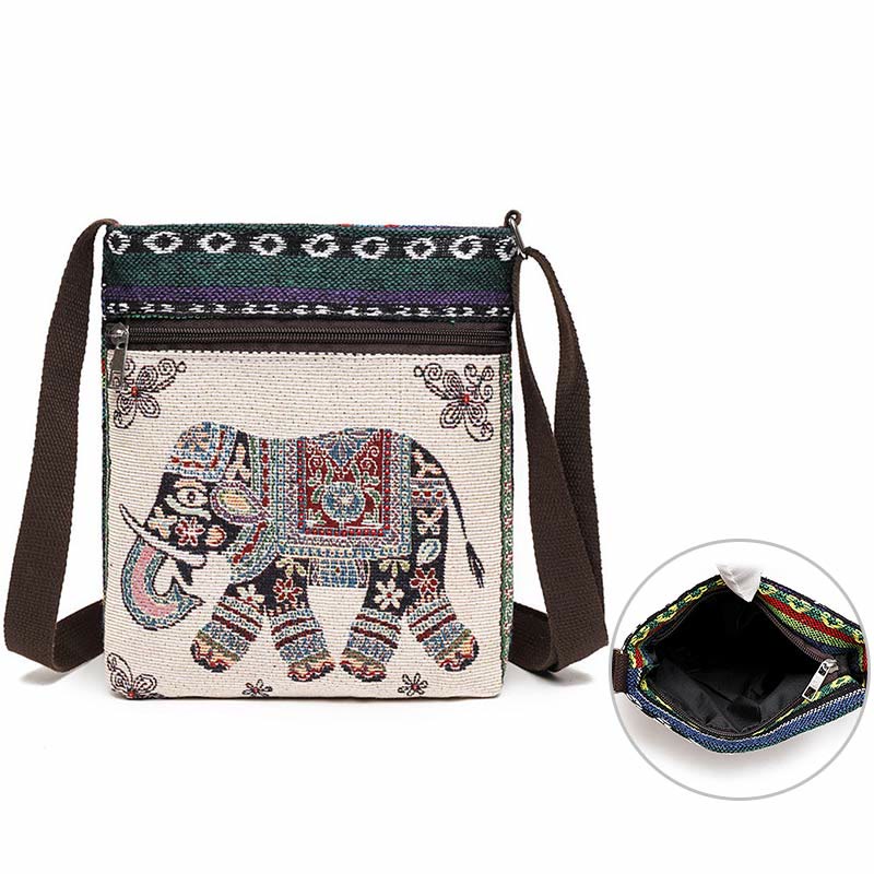 Borsa a tracolla in tela ricamata con elefante e farfalla, motivo Buddha Stones