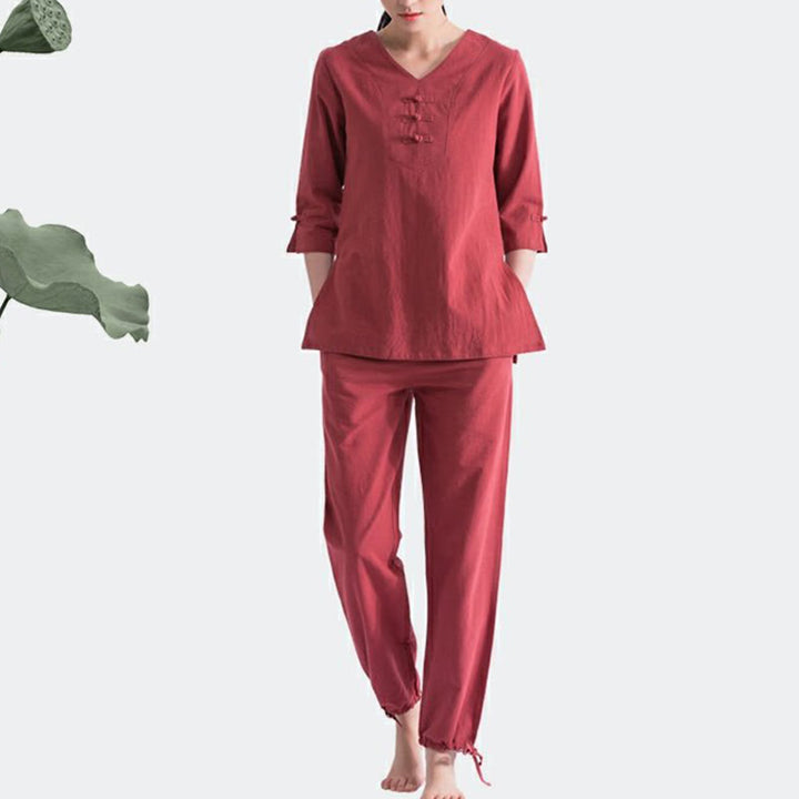 Buddha Stones Yoga Meditazione Preghiera Scollo a V Design Cotone Lino Abbigliamento Uniforme Zen Pratica Set da Donna