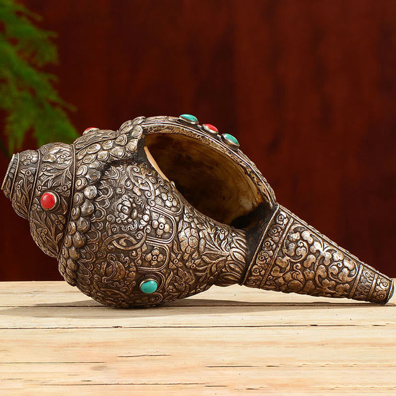 Tibetano fatto a mano naturale Shankha inciso otto simboli di buon auspicio conchiglia fortunata decorazione per la casa - image 11