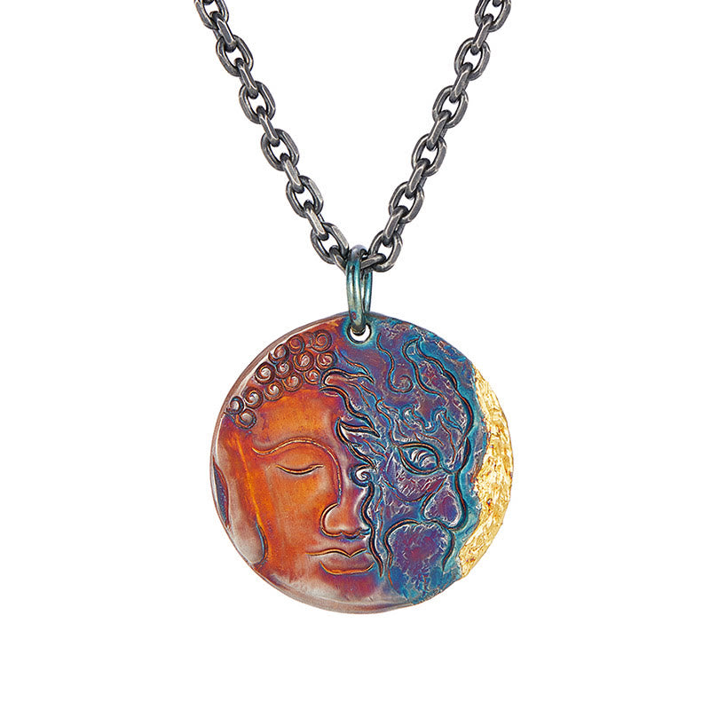 Collana con ciondolo a forma Buddha Stones in argento sterling 999 e oro 24K, metà demone e metà Buddha, con compassione - image 3