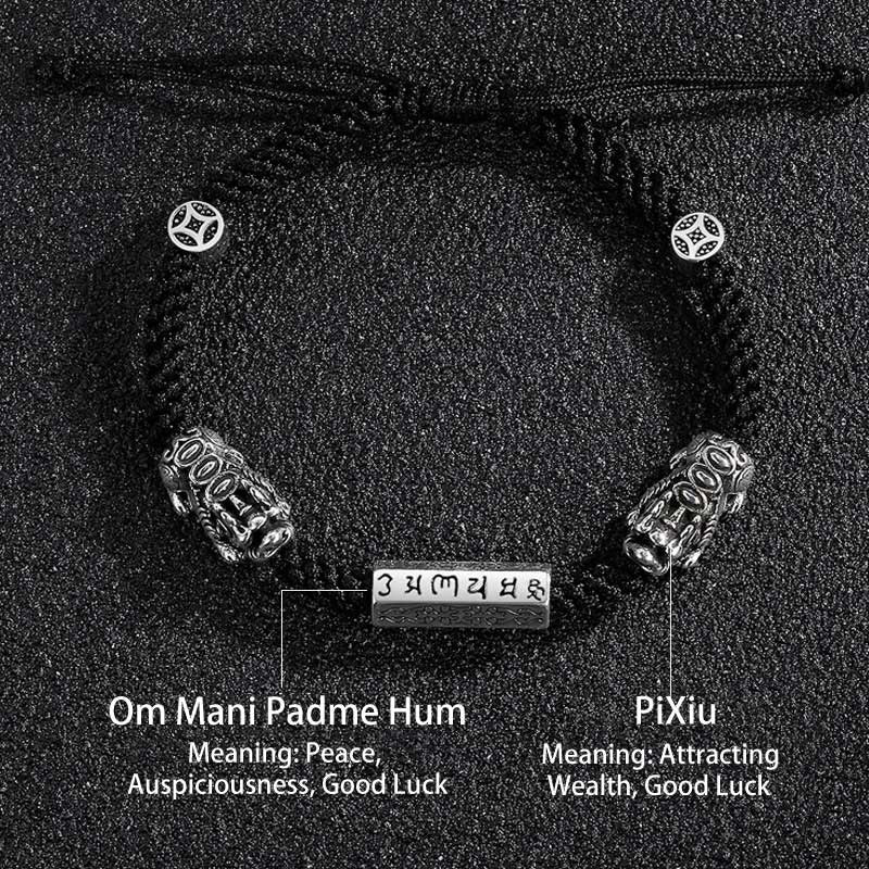Buddha Stones Doppio PiXiu Feng Shui Moneta di rame Om Mani Padme Hum Braccialetto di corda