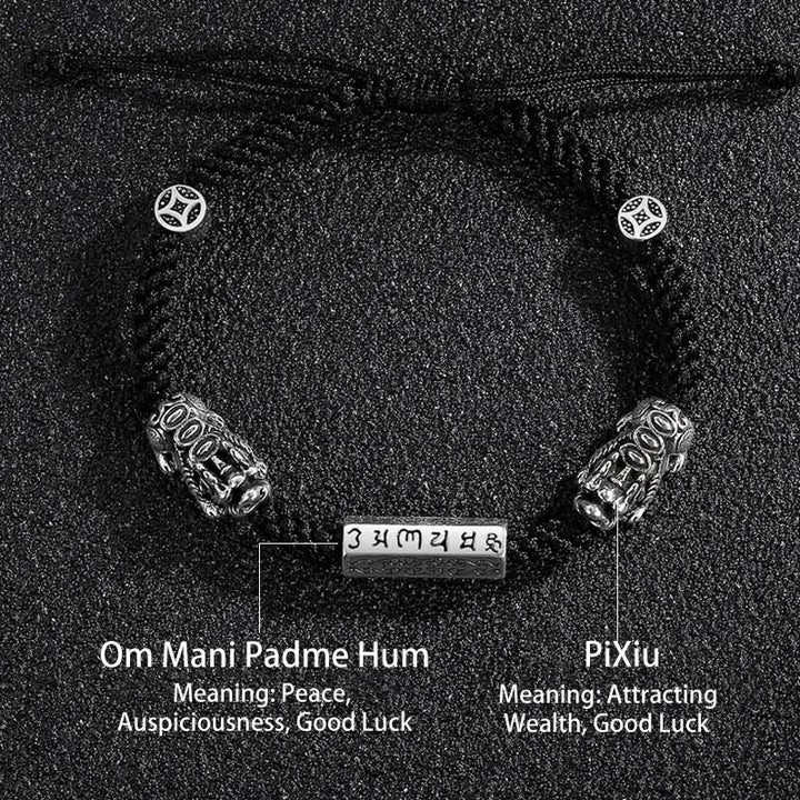 Buddha Stones Doppio PiXiu Feng Shui Moneta di rame Om Mani Padme Hum Braccialetto di corda