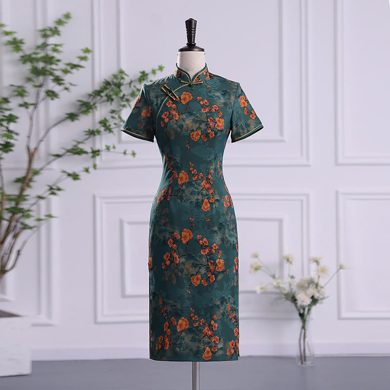 Abito da donna in cheongsam con stampa di piume di peonia e fiori di loto retrò Buddha Stones