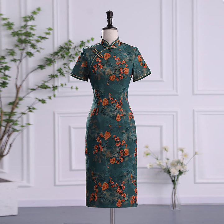 Abito da donna in cheongsam con stampa di piume di peonia e fiori di loto retrò Buddha Stones