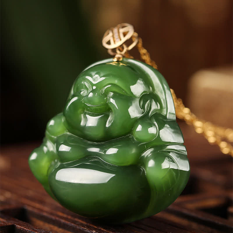 Collana con ciondolo a forma di Buddha che ride in argento sterling 925, giada ciano Hetian e oro 18 carati. - image 7