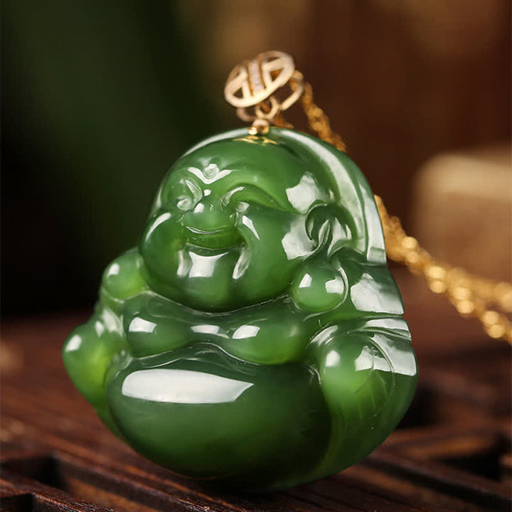 Collana con ciondolo a forma di Buddha che ride in argento sterling 925, giada ciano Hetian e oro 18 carati. - image 7
