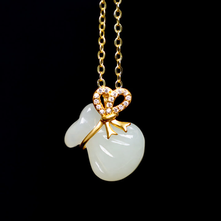 Collana con ciondolo a forma di borsa porta soldi in giada bianca naturale Hetian Buddha Stones