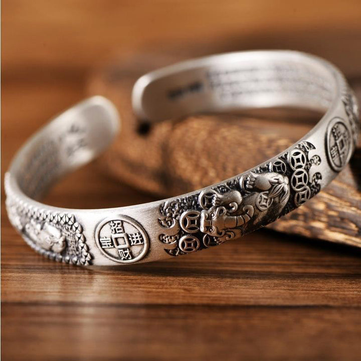 Buddha Stones Tibetano PiXiu Cuore Sutra Moneta Rame Bianco Bracciale Ricchezza Bracciale Regolabile
