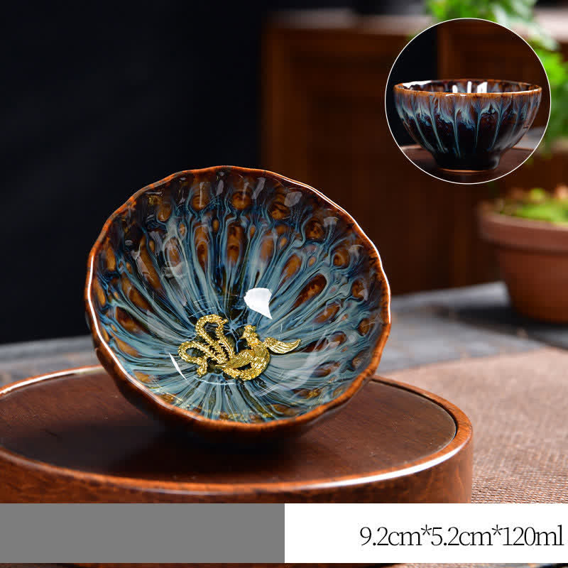Buddha Stones Lotus Pavone Drago Fenice Koi Pesce Tazza da tè in ceramica Tazze da tè intarsiate 120ml