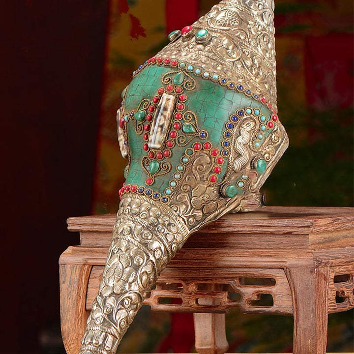 Decorazione positiva della ricchezza della conchiglia del Buddha Shankha Double Dorje incisa a mano tibetana - image 4