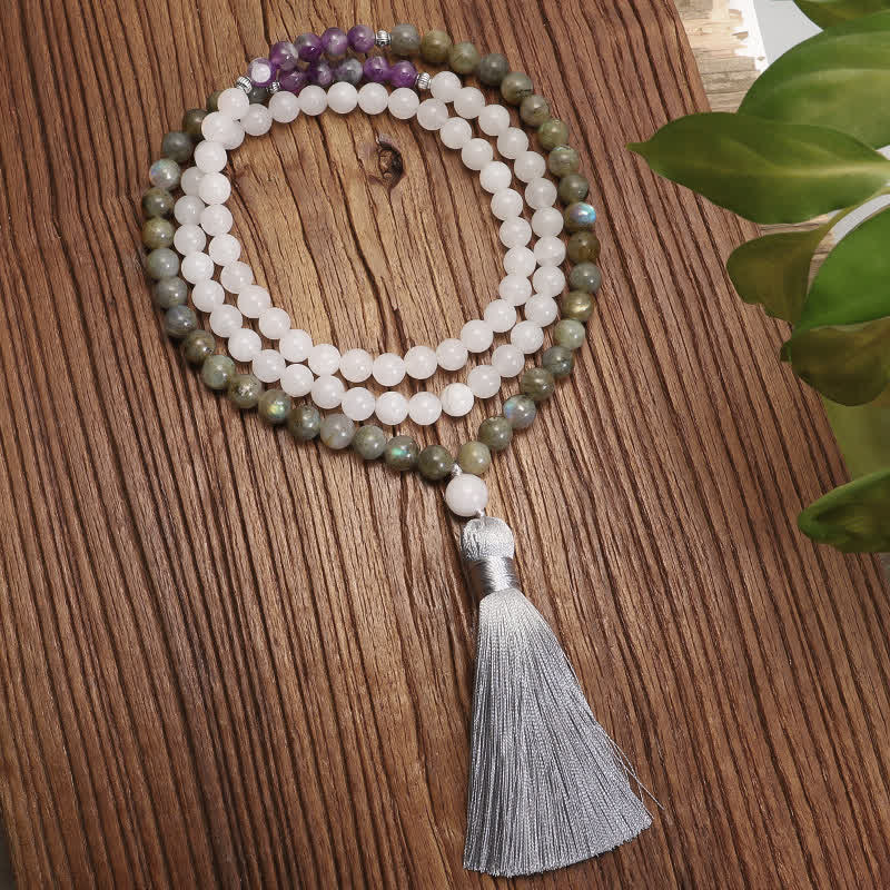 Buddha Stones 108 Mala Beads Agata Bianca Ametista Nero Glitter Pietra Braccialetto di Protezione