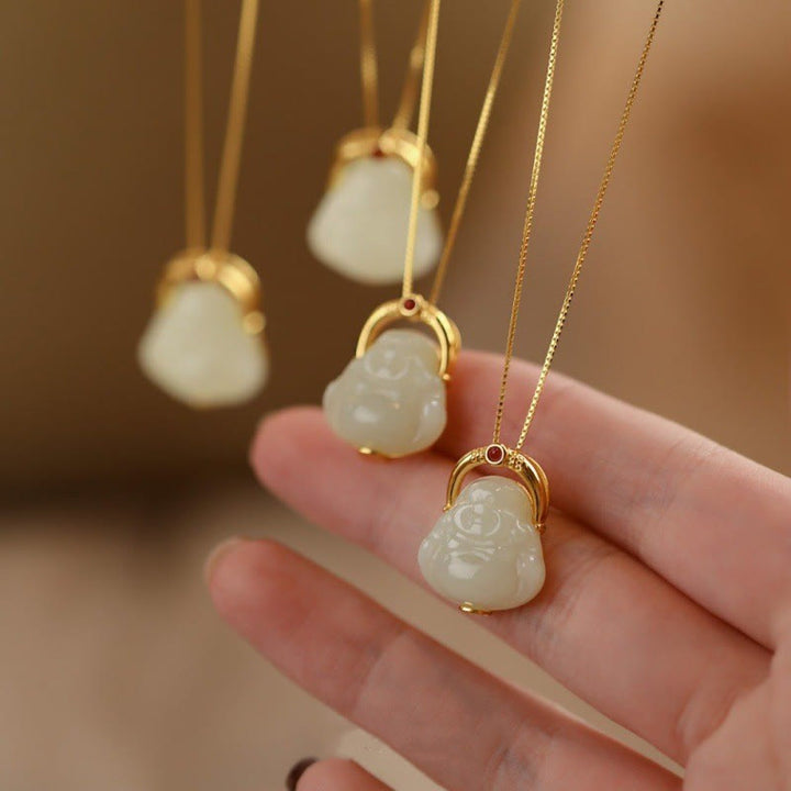 Collana con ciondolo a forma Buddha Stones Buddha con ciondolo a forma di Buddha che ride, in argento sterling 925, giada naturale di Hetian - Giada di Hetian (Prosperità♥Abbondanza) - image 0