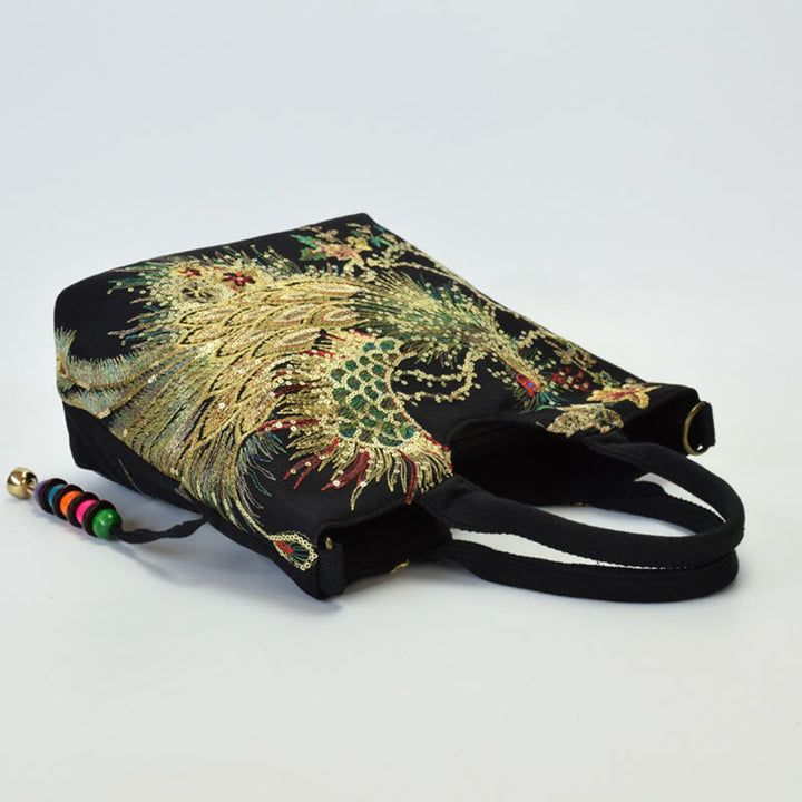 Borsa a tracolla con ricamo a doppia faccia con Buddha Stones e pavone