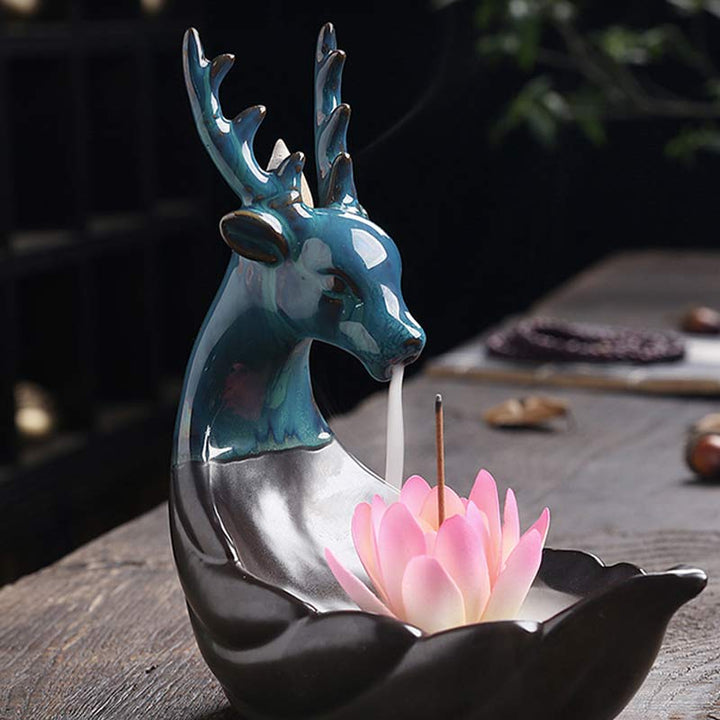 Buddha Stones Piccolo Cervo Ceramica Loto Meditazione Bruciatore Incenso Decorazione
