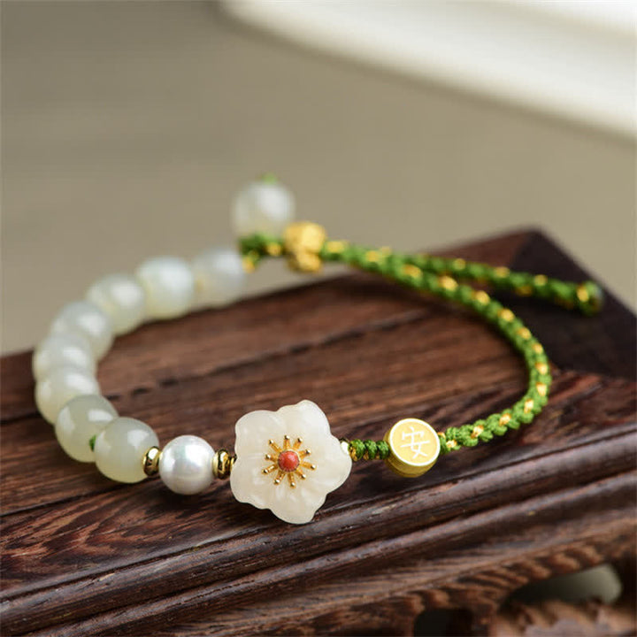 Braccialetto portafortuna in argento sterling 925 con giada naturale Hetian e fiori di pesco