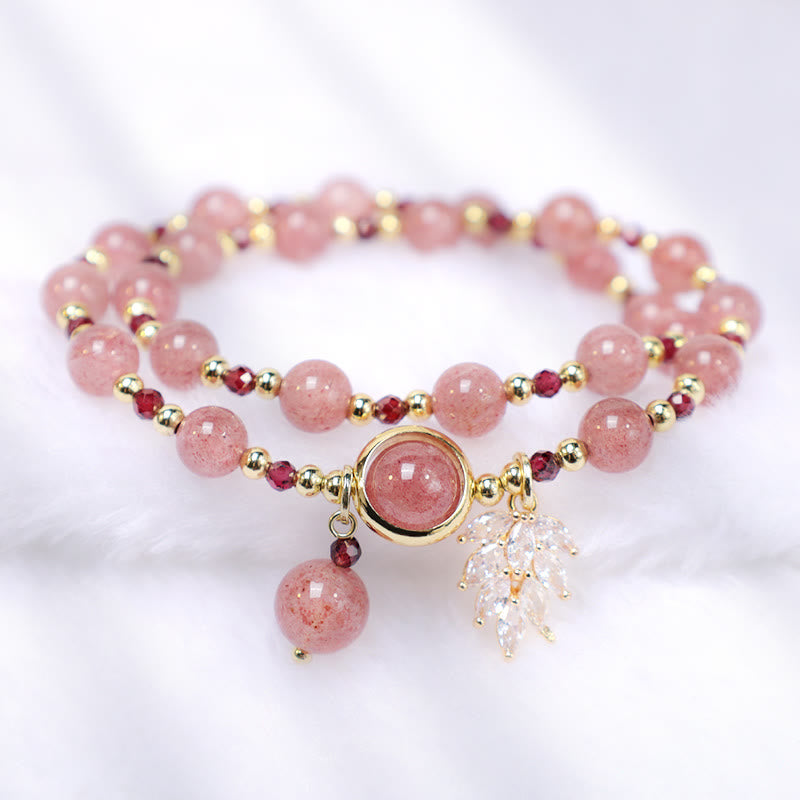 Braccialetto a doppio giro con ciondolo a forma di foglia d'acero con quarzo fragola naturale Buddha Stones Love Healing