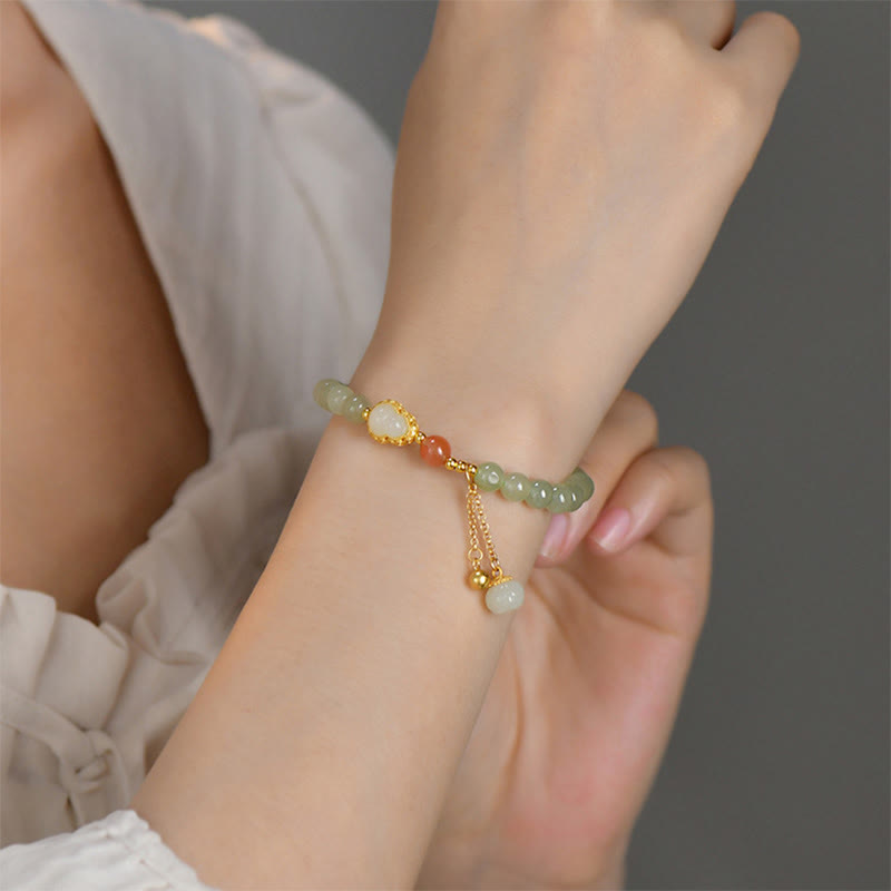 Braccialetto portafortuna in argento sterling 925 con giada Hetian e zucca di loto