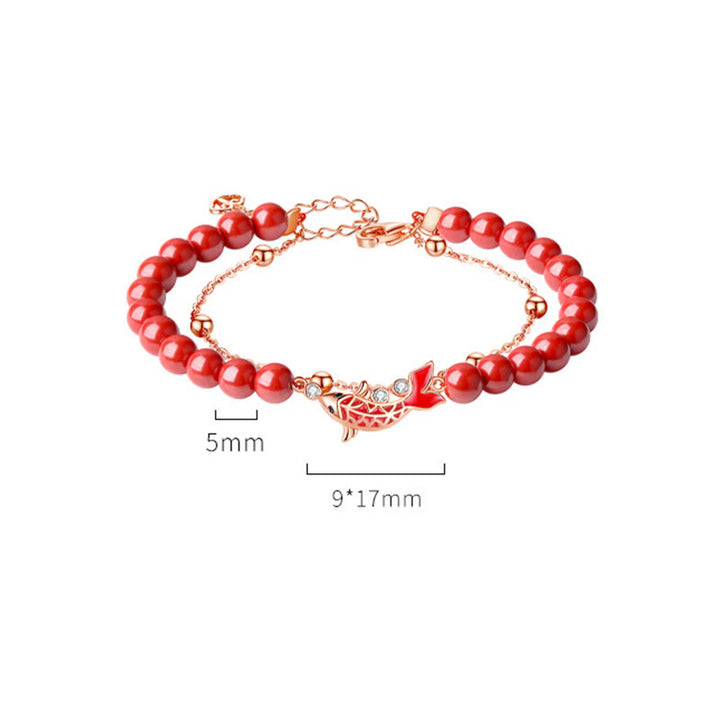 Bracciale a catena a doppio strato con zirconi e cinabro, in argento sterling 925, con pesce koi portafortuna, Buddha Stones